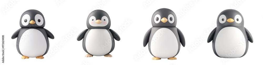 Fototapeta premium Cute, cartoon-style penguins in various poses, perfect for children's projects, illustrations, and winter-themed designs.