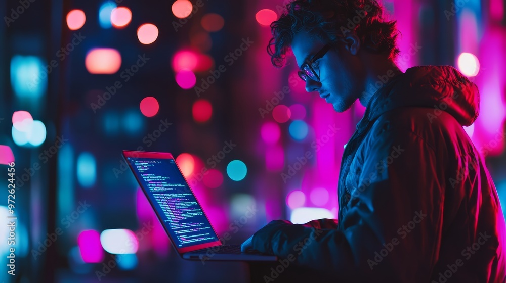Young software developer coding on a laptop with glowing neon lights in the background. Late-night programming and digital technology concept. Young software developer coding on a laptop with glowing neon lights in the background. Late-night programming and digital technology concept.