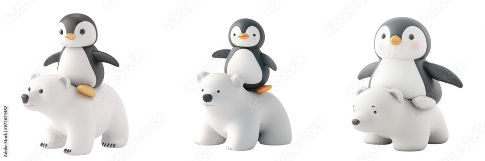 Obraz premium Cute penguin figurine riding a friendly polar bear, showcasing a playful and whimsical Arctic scene.