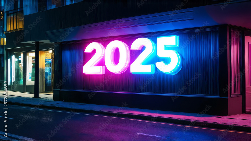 Obraz premium 2025 Happy New Year banner. Neon billboard in frame on night city street in cyberpunk style