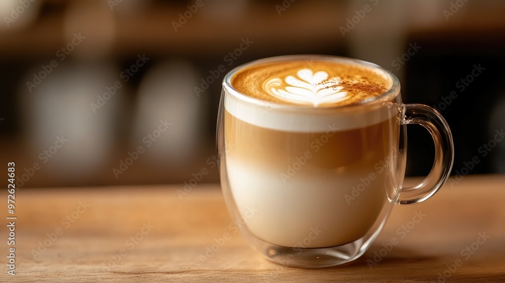 A latte in a glass coffee cup, with beautifully swirled milk foam on top, placed on a table. A latte in a glass coffee cup, with beautifully swirled milk foam on top, placed on a table.