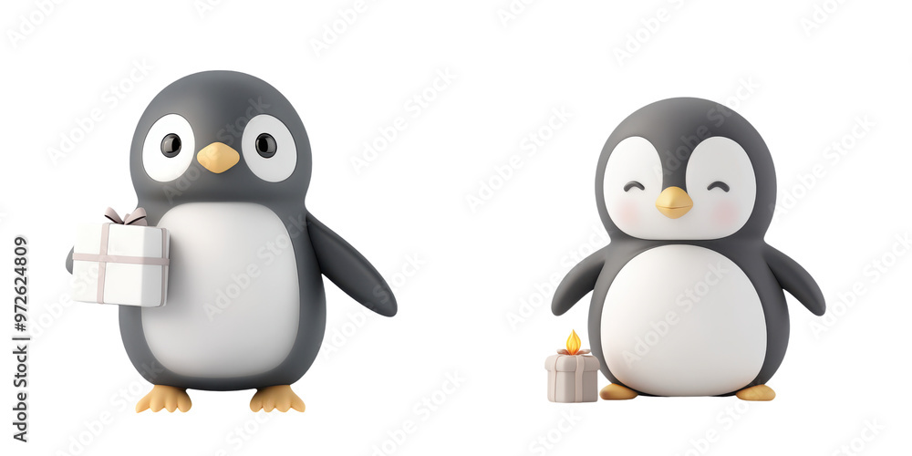 Fototapeta premium Two adorable penguins, one holding a gift and the other beaming with joy, perfect for celebrating festive occasions.