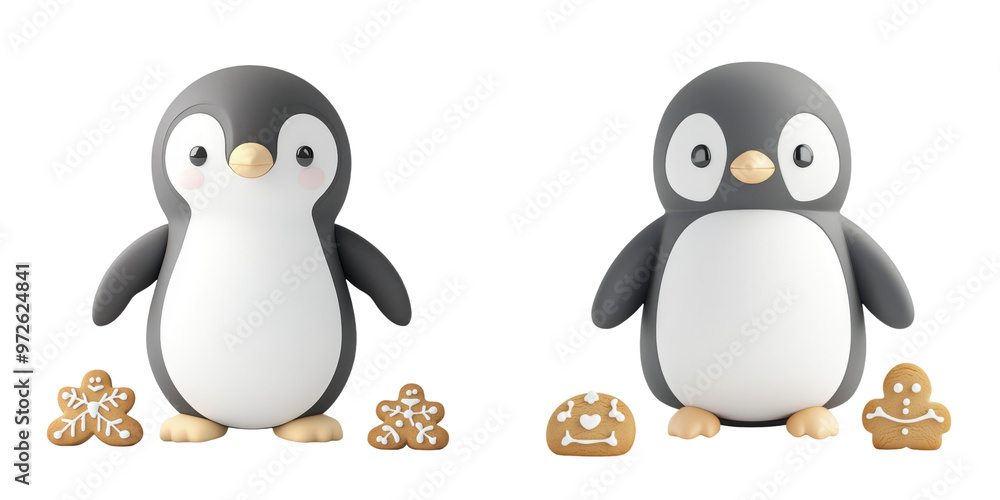 Fototapeta premium Two adorable penguins standing with festive gingerbread cookies. Perfect for holiday themes and winter celebrations.