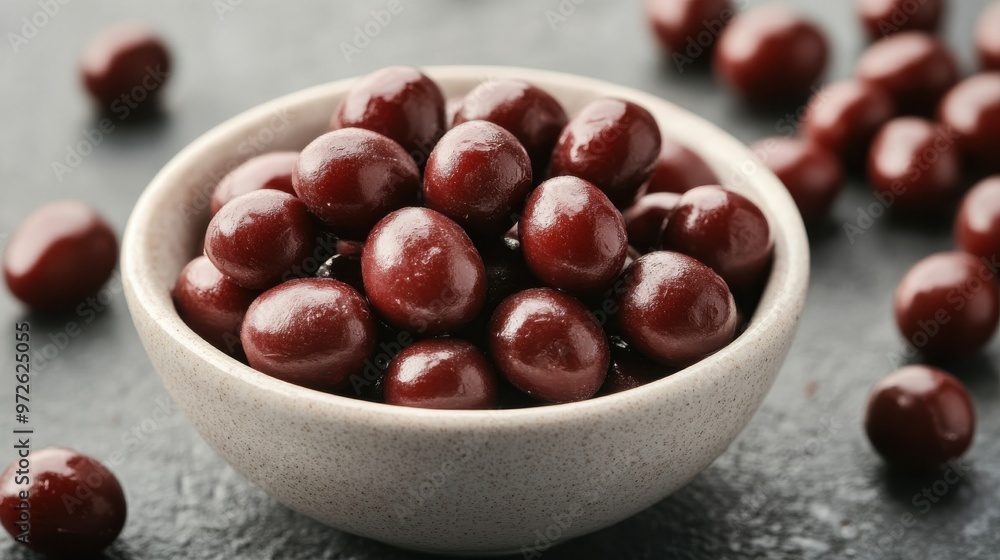 Glossy red dates arranged in a small bowl on a dark stone surface with scattered fruits in the background Glossy red dates arranged in a small bowl on a dark stone surface with scattered fruits in the background