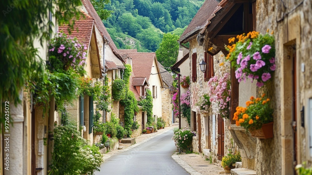 Fototapeta premium A narrow road through a picturesque European village, with stone houses and flower boxes.