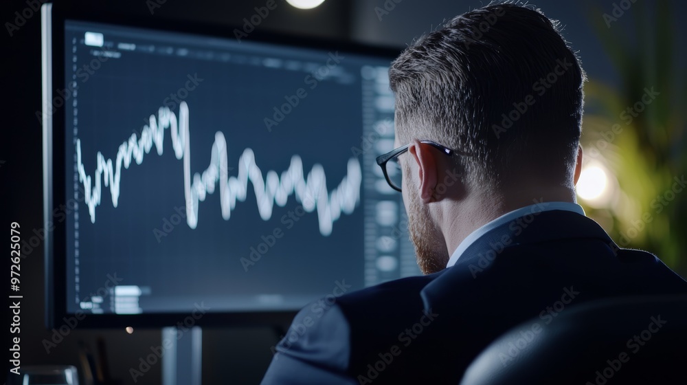 Male analyst studying financial data charts on a large monitor, office desk setting, soft lighting, focus on business analytics