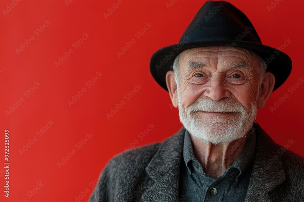 Portrait of Senior Man in Black Hat Smiling Against Red Background. Generative AI. Portrait of Senior Man in Black Hat Smiling Against Red Background. Generative AI.