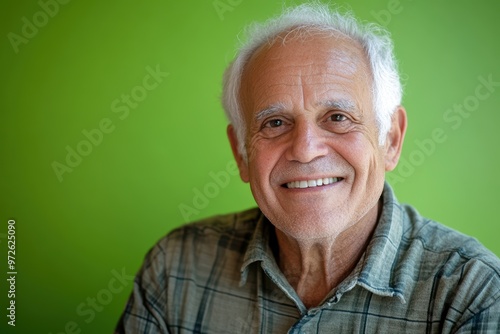 Portrait of Elderly Man Smiling in Plaid Shirt, Green Background. Generative AI.