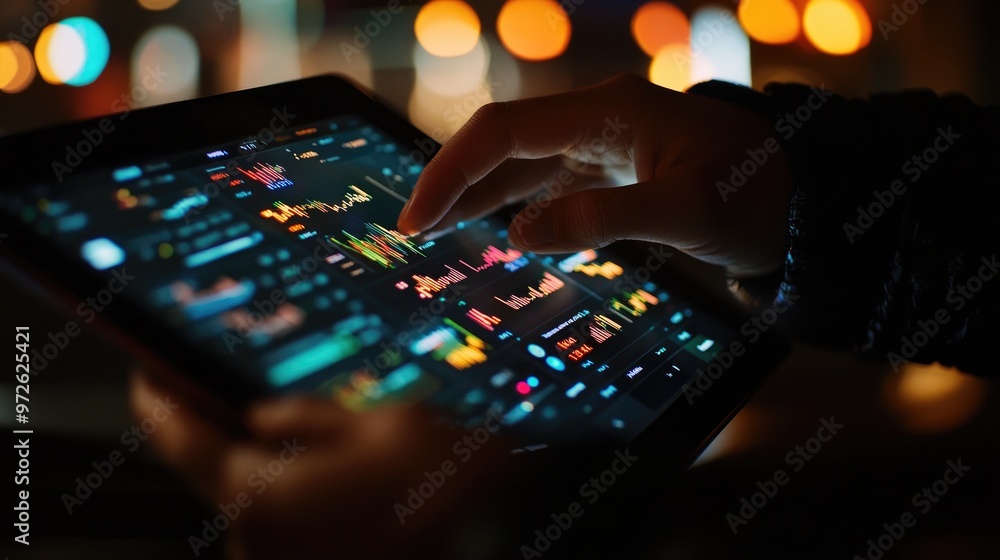 A person using a tablet to buy and sell Bitcoin, with the cryptocurrency market fluctuating on-screen. A person using a tablet to buy and sell Bitcoin, with the cryptocurrency market fluctuating on-screen.