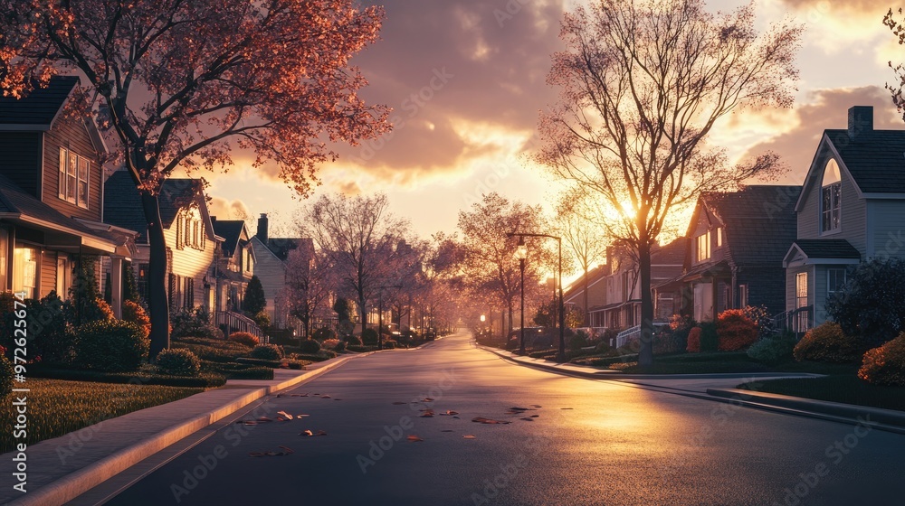 A quiet suburban street lined with houses and trees, under the soft glow of streetlights. A quiet suburban street lined with houses and trees, under the soft glow of streetlights.