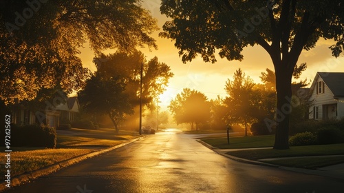 A quiet suburban road at dusk, with trees lining the street and soft orange light in the sky.