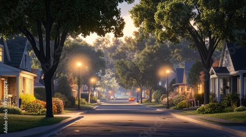 A quiet suburban street lined with houses and trees, under the soft glow of streetlights.