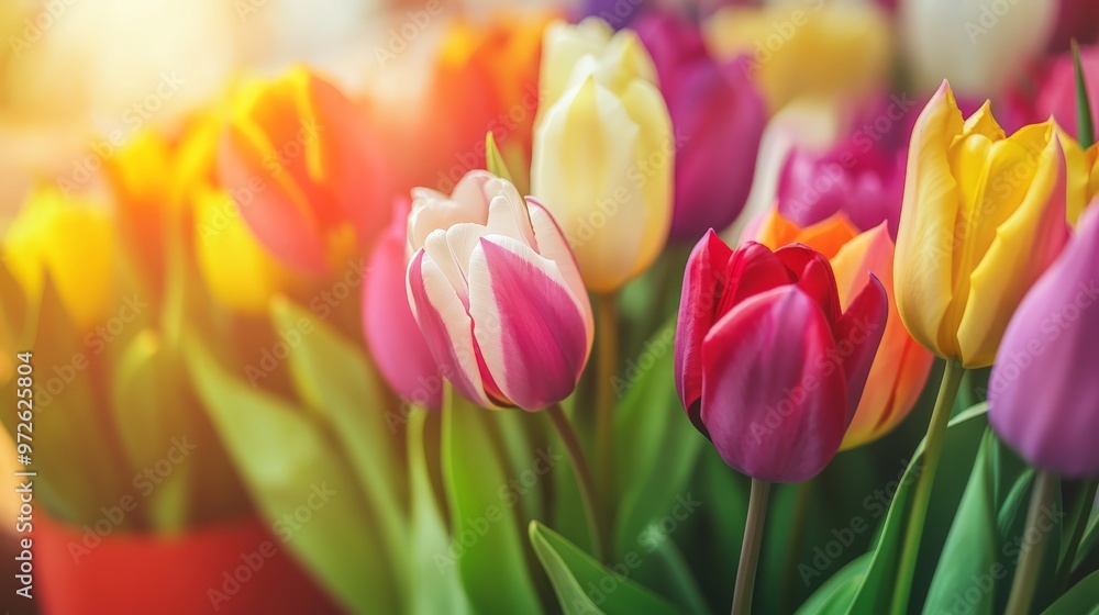 Vibrant spring tulip garden in bloom with sunlit background Vibrant spring tulip garden in bloom with sunlit background