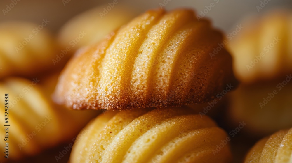 Delicious madeleine cookies arranged in a delightful stack, showcasing rich golden color and fluted texture Delicious madeleine cookies arranged in a delightful stack, showcasing rich golden color and fluted texture