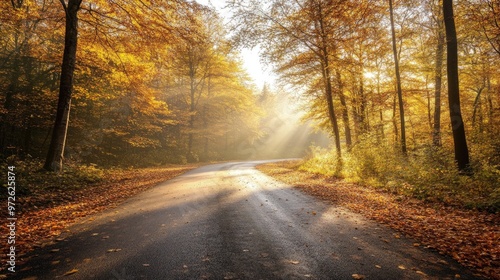 A road leading through a vibrant autumn forest, with sunlight filtering through the leaves.