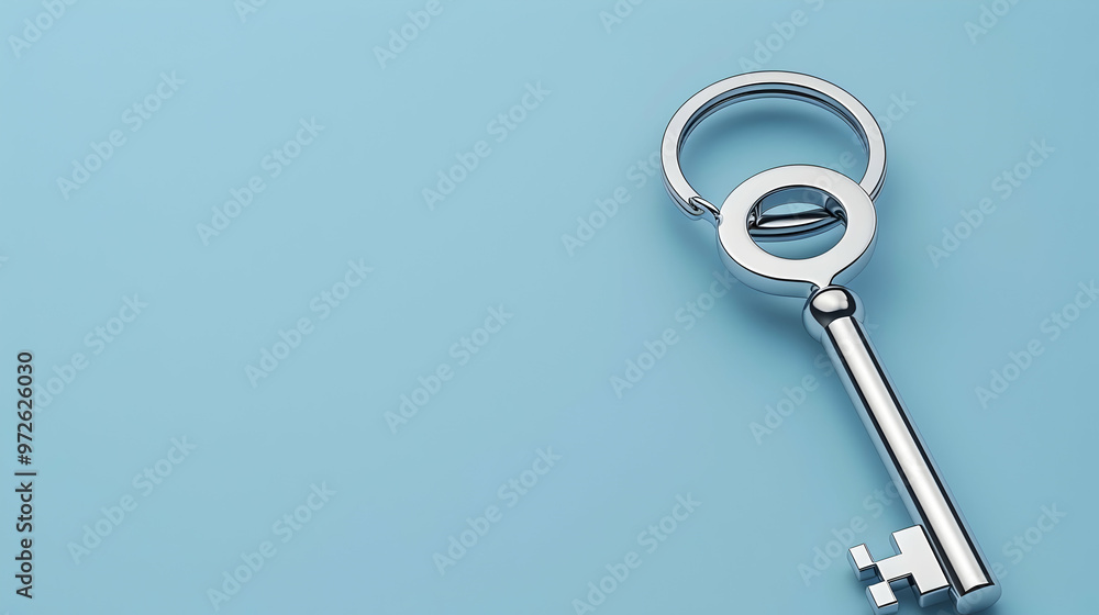 Silver key with space for message on keychain, against a soft blue background, representing the start of a new home era Silver key with space for message on keychain, against a soft blue background, representing the start of a new home era