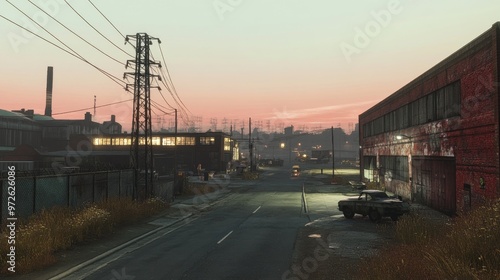 A road through an industrial area, with warehouses and factories lining the street.