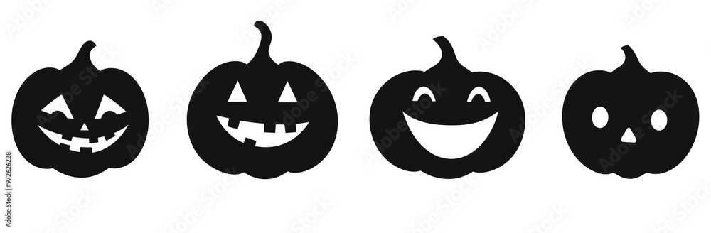 Obraz premium Funny and spooky black pumpkin on transparent background. Set of scary Jack O Lantern pumpkins. Happy Halloween!