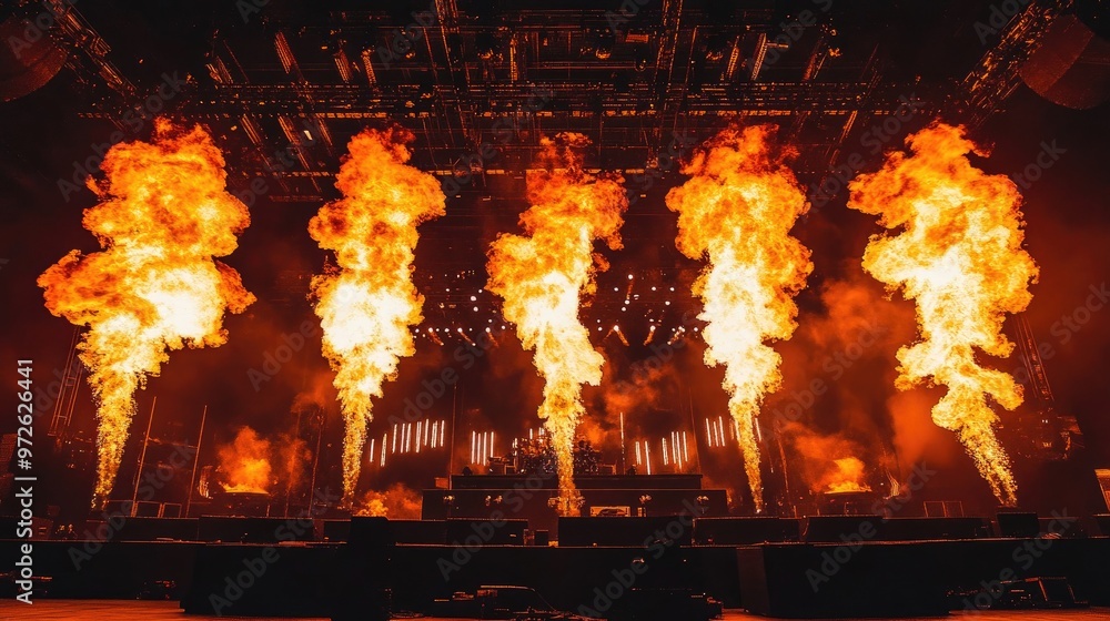 Massive Flame Effects and Intense Lighting on a Dramatic Stage, Highlighting a Live Concert's Energy Massive Flame Effects and Intense Lighting on a Dramatic Stage, Highlighting a Live Concert's Energy
