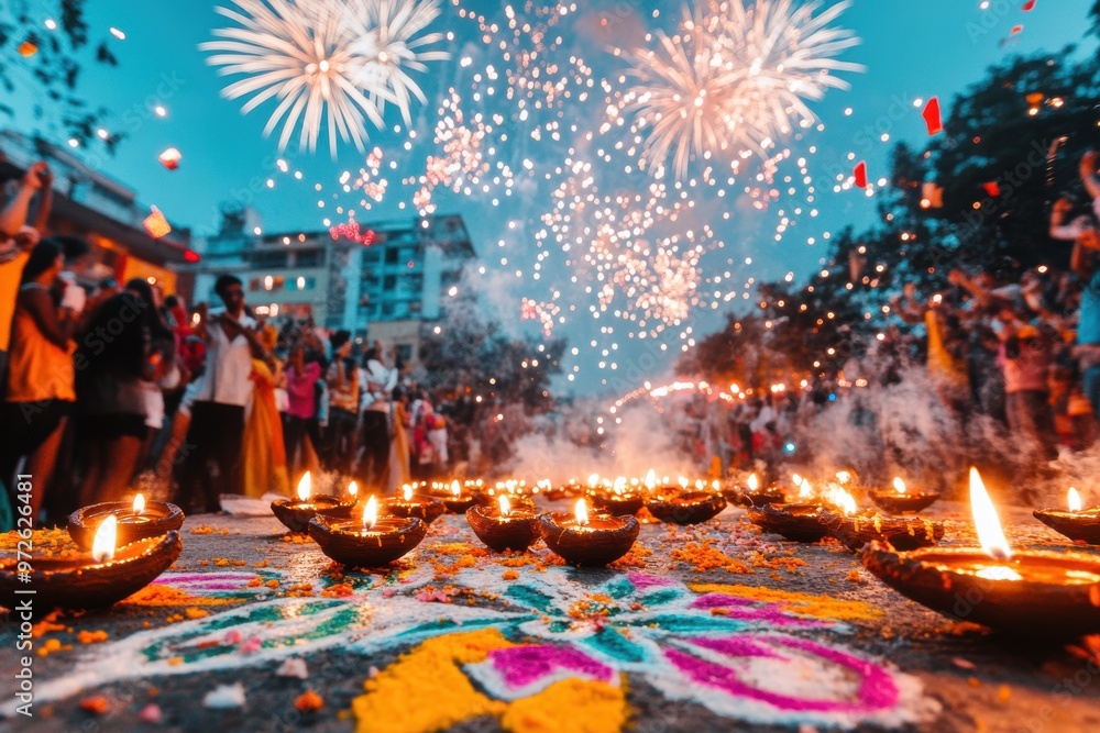 Festival of lights, with people celebrating with lighting oil lamps, diyas and colorful rangoli designs on the ground, surrounded by fireworks lighting up the night sky Festival of lights, with people celebrating with lighting oil lamps, diyas and colorful rangoli designs on the ground, surrounded by fireworks lighting up the night sky