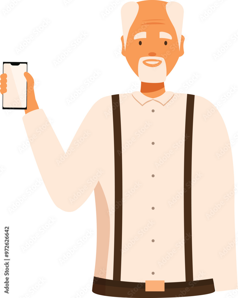 Smiling senior man showing smartphone screen, wearing suspenders and a white shirt on a white background Smiling senior man showing smartphone screen, wearing suspenders and a white shirt on a white background