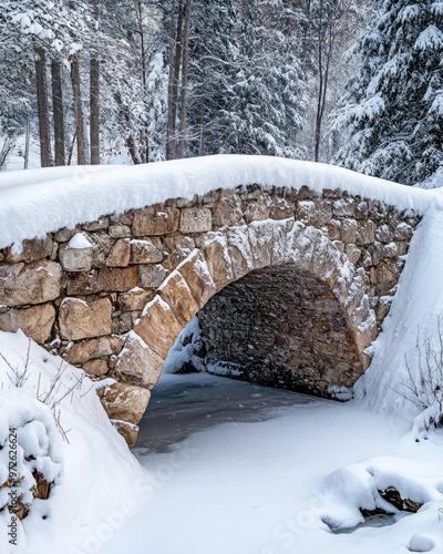 Fresh Snow Blanketing an Ancient Stone Bridge photo