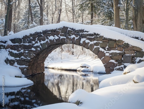 Fresh Snow Blanketing an Ancient Stone Bridge photo