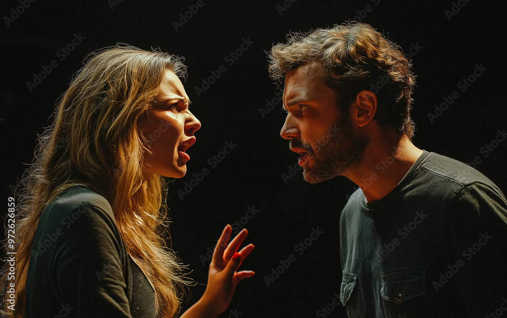 A man, yelling with his mouth open, argues with a woman with long, wavy hair, both looking angry and wearing dark clothes against a black background. A man, yelling with his mouth open, argues with a woman with long, wavy hair, both looking angry and wearing dark clothes against a black background.