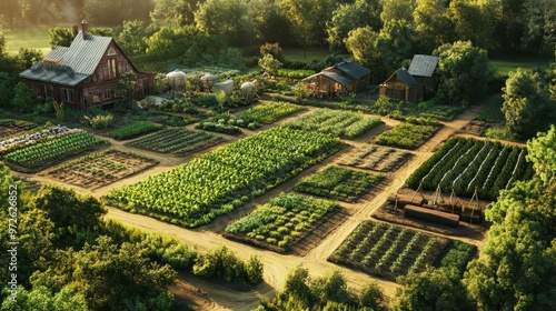 A wide shot of a fully organic farm, with diverse crops and sustainable farming techniques on display.