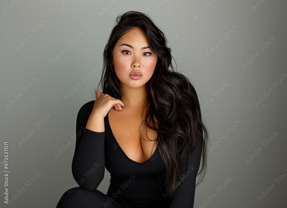 A professional portrait of a plus-size Asian woman with long hair, wearing black and posing on her knees against a gray background. A professional portrait of a plus-size Asian woman with long hair, wearing black and posing on her knees against a gray background.