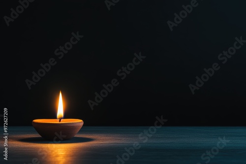 Indian oil lamp with its flame burning brightly on the table, illuminated by soft light against dark background. Hindu festival of lights.