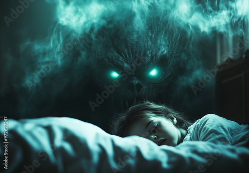 A little girl with glowing green eyes sleeps peacefully in a dark room, unaware of the menacing black-furred monster lurking above, surrounded by smoke. photo