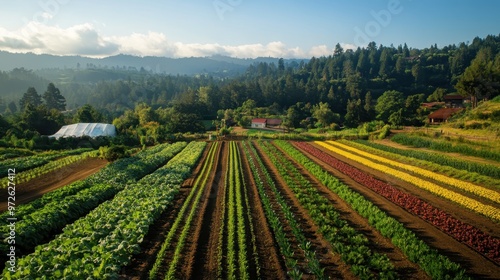 A wide shot of a fully organic farm, with diverse crops and sustainable farming techniques on display.