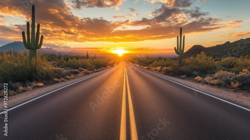 A two-lane road through a desert with large cacti and a beautiful sunset in the background.