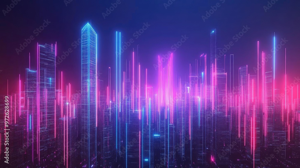 A vibrant futuristic cityscape illuminated with neon lights, showcasing towering skyscrapers in a digital environment. A vibrant futuristic cityscape illuminated with neon lights, showcasing towering skyscrapers in a digital environment.