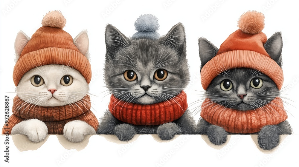 Fototapeta premium Three cats wearing hats and scarves are posing for a picture. The cats are wearing different colored hats and scarves, and they are all looking at the camera. The image has a warm and cozy feeling