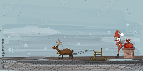 Freaky Santa thief climbing out of the chimney on the roof with the stolen valuables in Christmas eve hand drawn style graphic illustration have blank space.