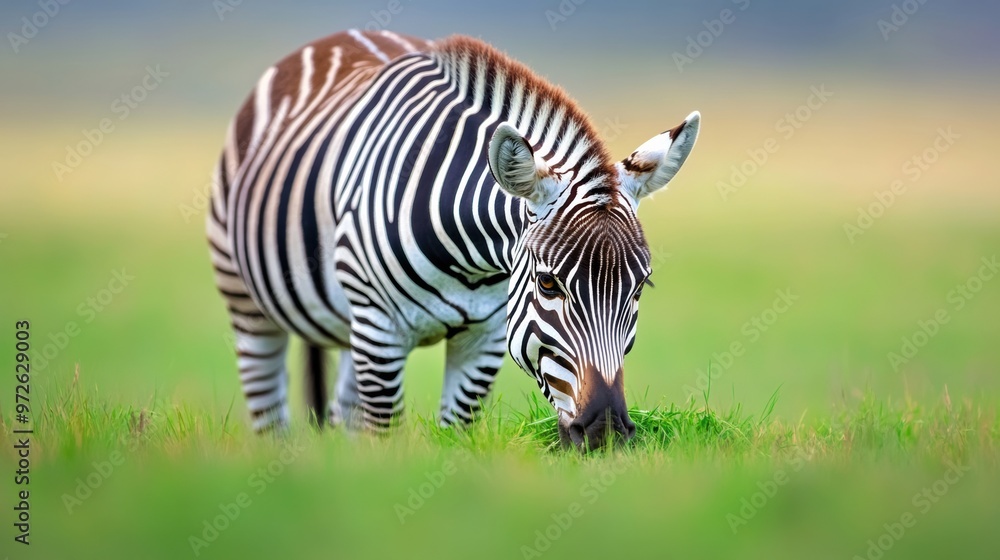 A zebra grazing on grass in a field with other zebras, AI A zebra grazing on grass in a field with other zebras, AI