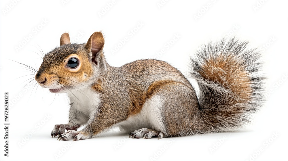 A squirrel is sitting on the ground with its head down. The squirrel has a white belly and a brown tail A squirrel is sitting on the ground with its head down. The squirrel has a white belly and a brown tail