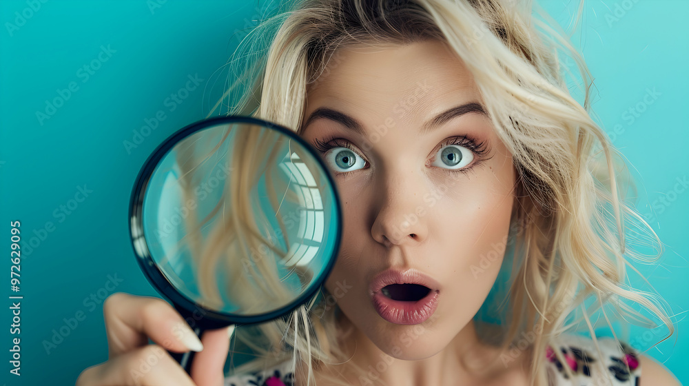 Surprised blonde holds a magnifying glass in front eye. Wonder young woman holds a magnifying glass in front of her eye. Funny girl with a bright smile and loupe. Eyesight care. Funny face of a girl Surprised blonde holds a magnifying glass in front eye. Wonder young woman holds a magnifying glass in front of her eye. Funny girl with a bright smile and loupe. Eyesight care. Funny face of a girl