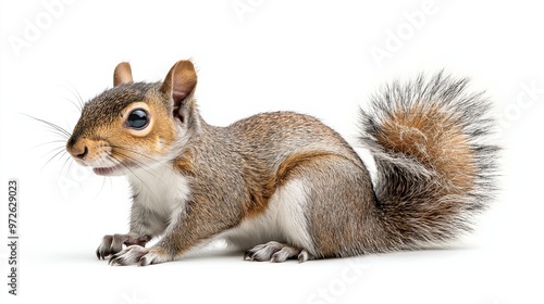 A squirrel is sitting on the ground with its head down. The squirrel has a white belly and a brown tail photo