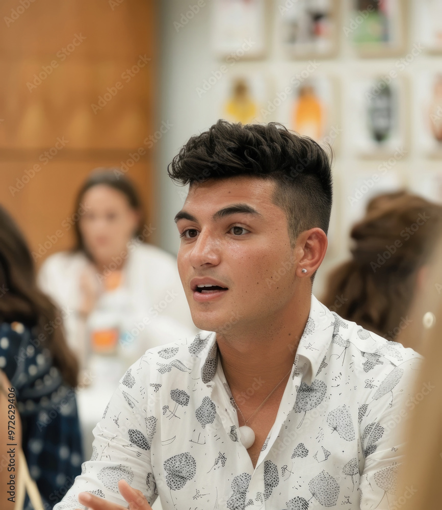 A young man engages in a lively discussion, sharing insights with peers in a vibrant workshop setting focused on creativity A young man engages in a lively discussion, sharing insights with peers in a vibrant workshop setting focused on creativity