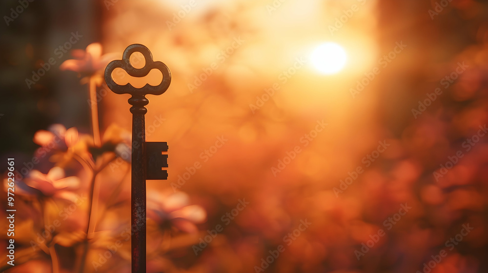 Symbol of a new beginning, keys held high in morning light Symbol of a new beginning, keys held high in morning light