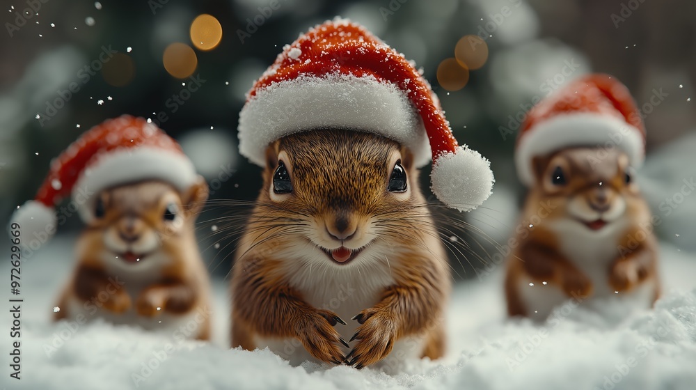 Three small squirrels wearing Santa hats are posing for a picture in the snow. The image has a festive and playful mood, as the squirrels are dressed up in holiday attire Three small squirrels wearing Santa hats are posing for a picture in the snow. The image has a festive and playful mood, as the squirrels are dressed up in holiday attire