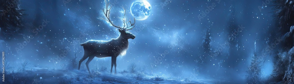 A serene winter landscape featuring a majestic deer under a glowing full moon, surrounded by misty trees and soft snow. A serene winter landscape featuring a majestic deer under a glowing full moon, surrounded by misty trees and soft snow.