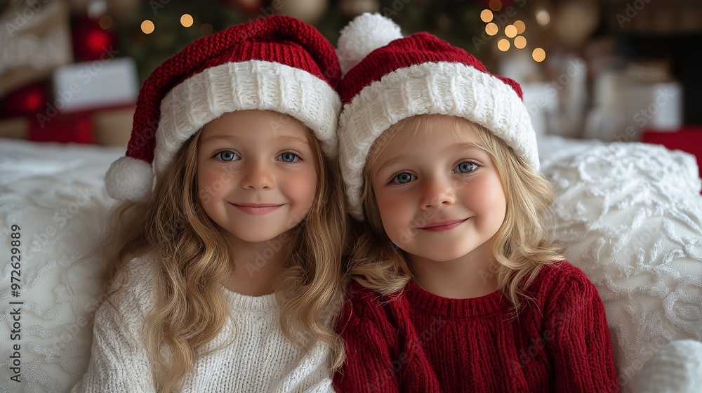 Two young girls wearing red and white hats and red sweaters are smiling for the camera. The image conveys a warm and joyful atmosphere, likely representing the spirit of Christmas Two young girls wearing red and white hats and red sweaters are smiling for the camera. The image conveys a warm and joyful atmosphere, likely representing the spirit of Christmas