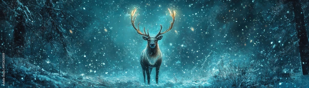 A majestic deer standing in a snowy forest, illuminated by soft lights, creating a serene and magical winter atmosphere. A majestic deer standing in a snowy forest, illuminated by soft lights, creating a serene and magical winter atmosphere.