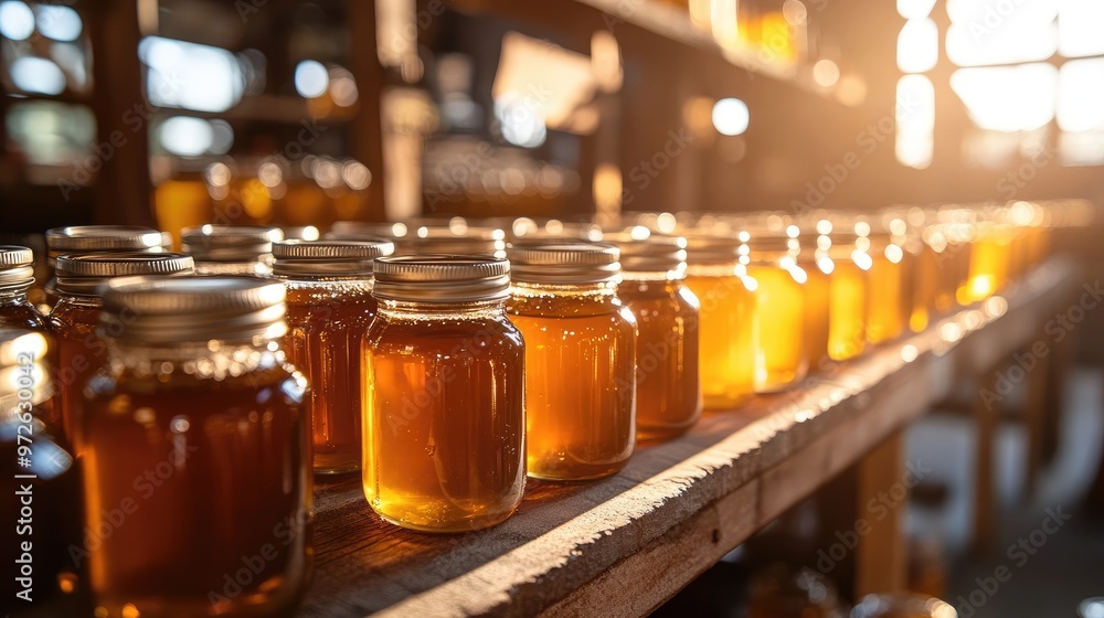 Clear Honey Jars in Rustic Arrangement, Bathed in Warm Sunlight, Representing Nature's Pure Sweetness Clear Honey Jars in Rustic Arrangement, Bathed in Warm Sunlight, Representing Nature's Pure Sweetness