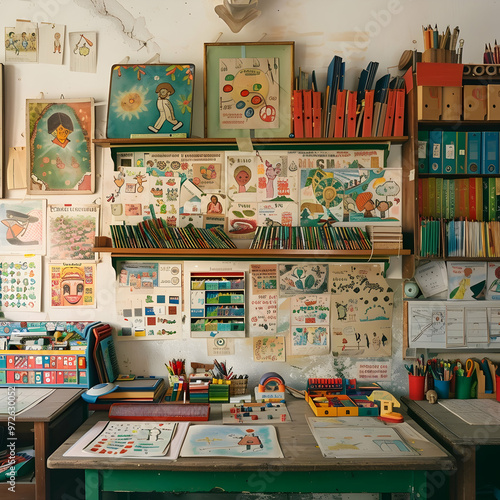 Teacher's Classroom: A modest desk surrounded by student artwork, books, and educational toys, symbolizing a teacher at their workstation in a primary school.