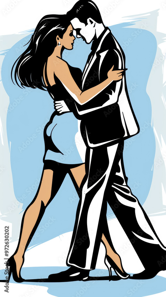 A couple in formal wear dances closely, showcasing elegance and connection, as their bodies move gracefully together against a soft blue background A couple in formal wear dances closely, showcasing elegance and connection, as their bodies move gracefully together against a soft blue background